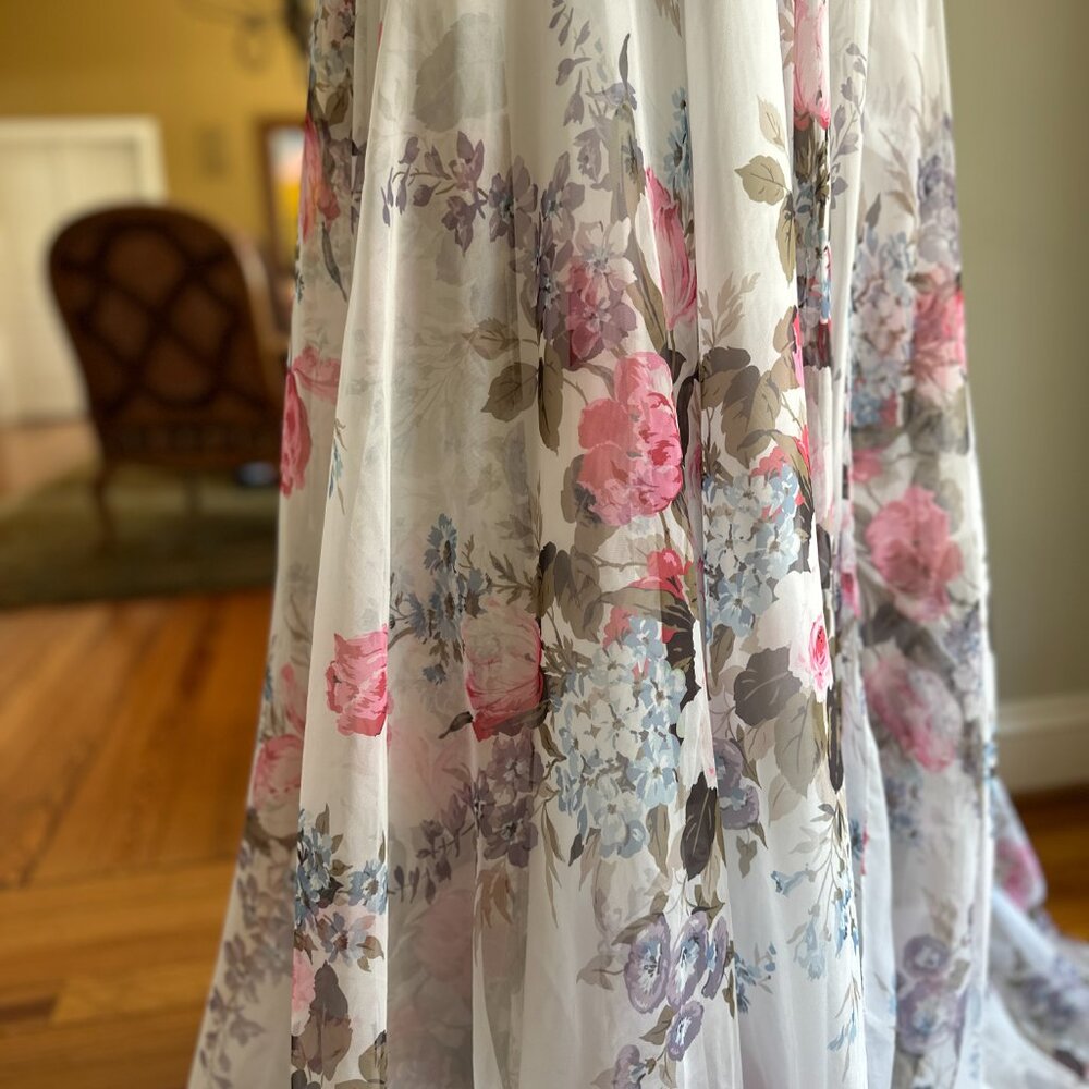 Sherri Hill Strapless Floral Chiffon Gown - Ruched Bodice & High Slit - Size 4 - Picture 9 of 11